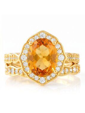Citrine Gemstone Gold ring set, 925 Sterling Silver finished in 10k gold
